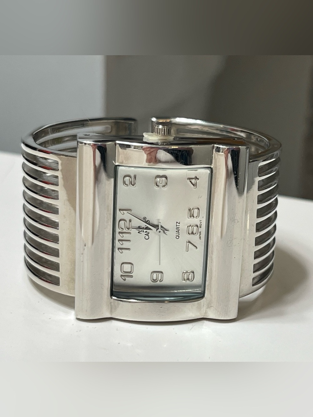 Cannes Silver Cuff Quartz Watch Bracelet - New Battery